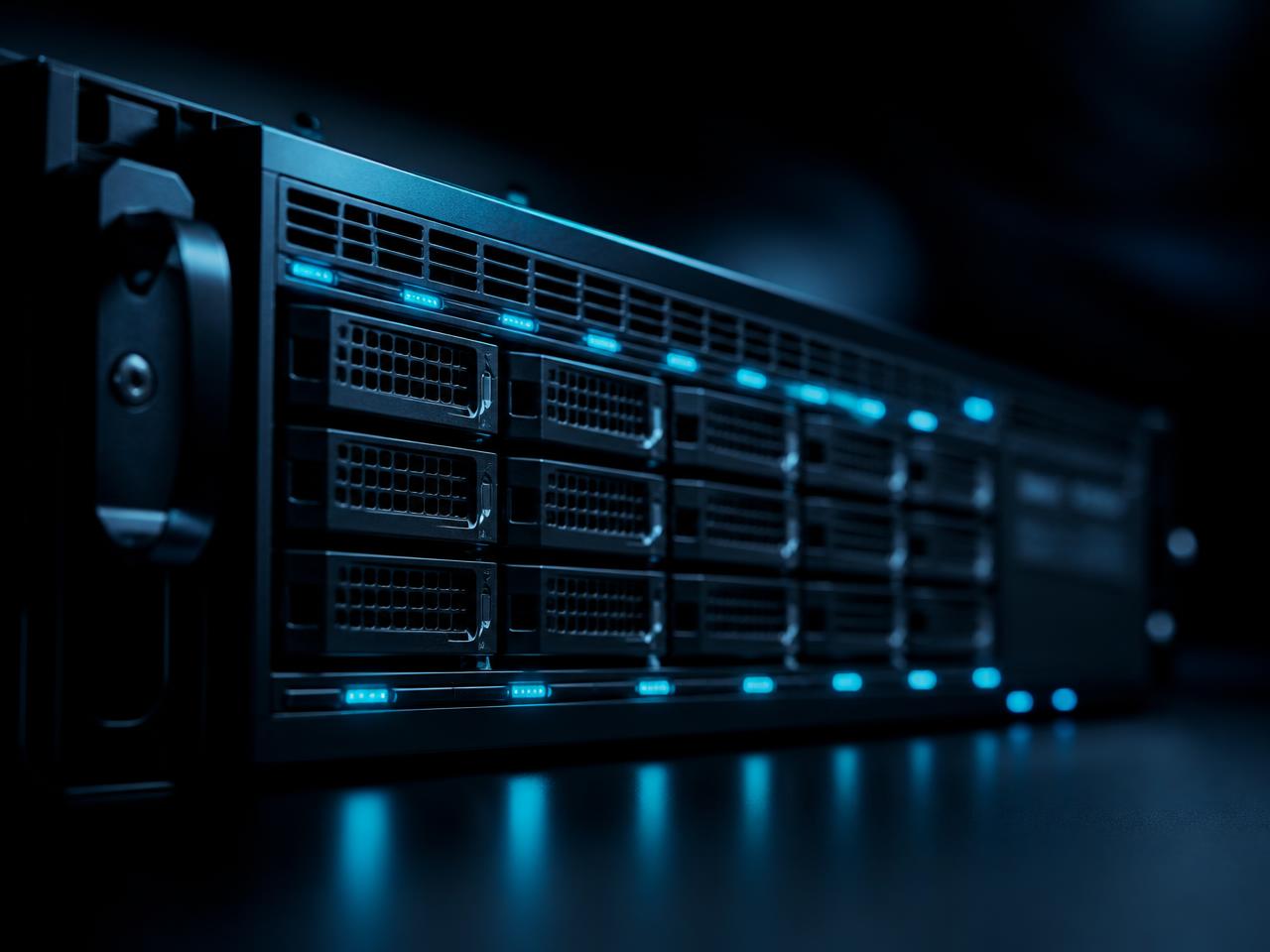 Servidor rack com LEDs de status em ambiente escuro